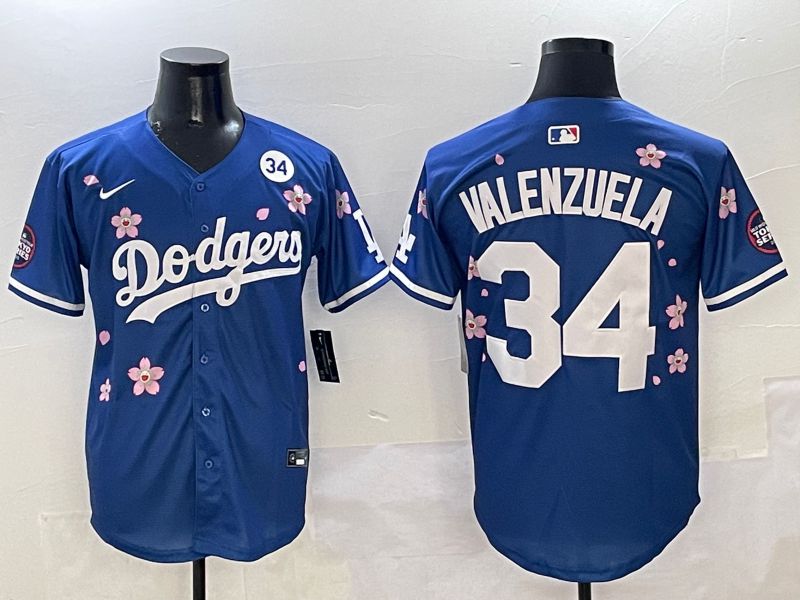 Men Los Angeles Dodgers #34 Valenzuela Blue Sakura Edition 2025 Nike MLB Jersey style 7->los angeles dodgers->MLB Jersey